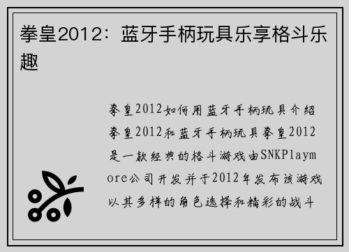 拳皇2012：蓝牙手柄玩具乐享格斗乐趣